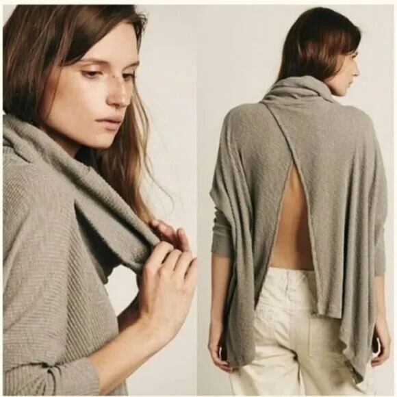 Free People Beach World Traveler Cowl Neck Split Back Top, Sz Small, Taupe Boho - Picture 1 of 11